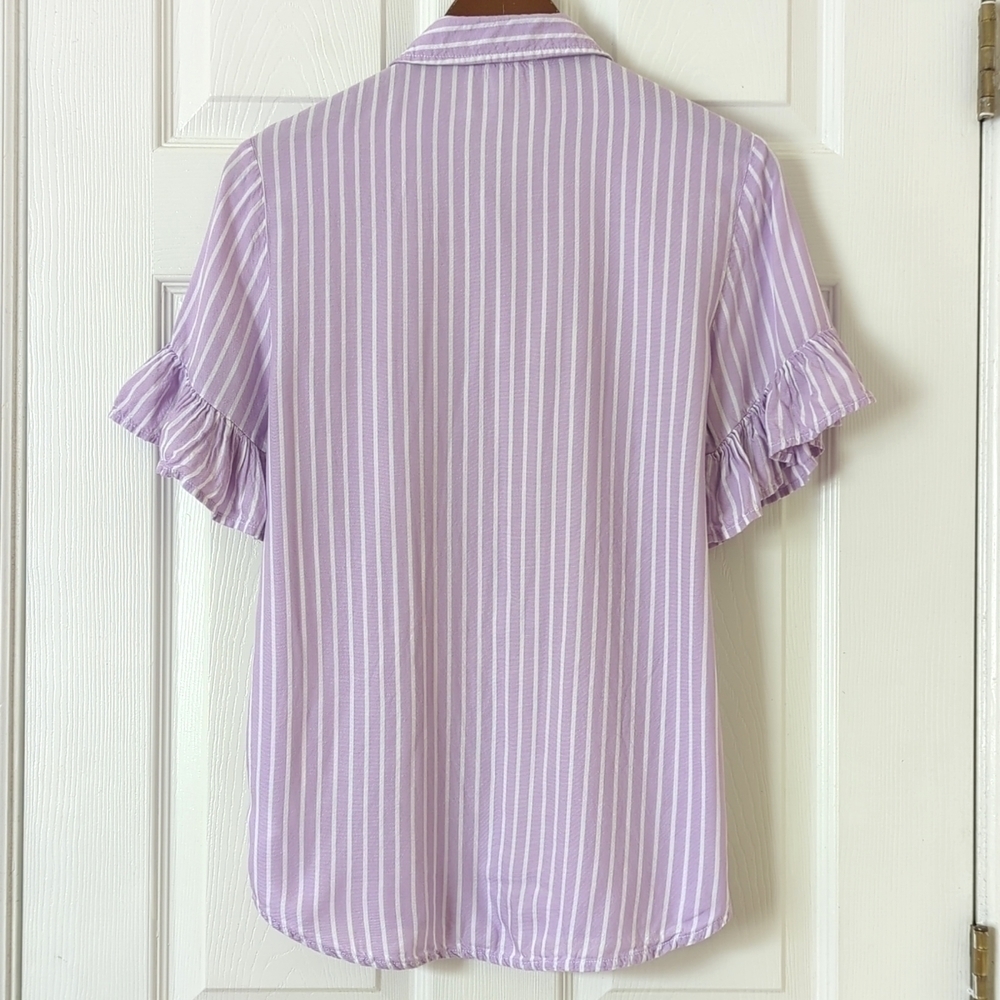 Beach Lunch Lounge Striped Ruffled Short Sleeve Button Down Blouse Purple XS - Picture 9 of 10